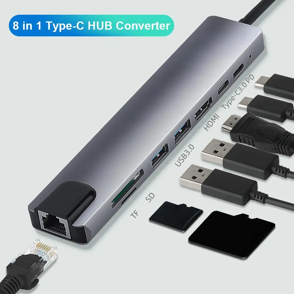 

USB-хаб 8 в 1, устройство для чтения SD/TF-карт, RJ45, 4K, 30 Гц