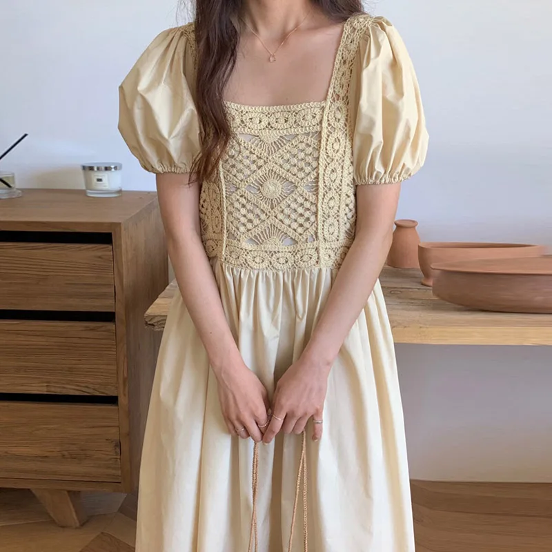 

Длинная юбка, кружевное вязаное крючком платье с пышными рукавами, корейский стиль