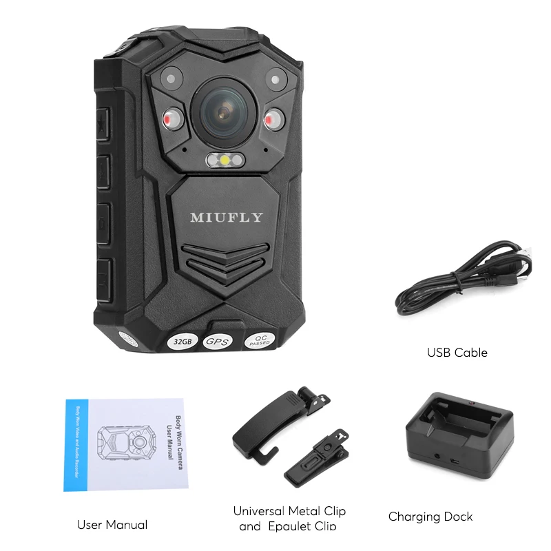 MIUFLY 1296P HD Водонепроницаемый полицейская нательная видеокамера с 2-дюймовым Дисплей, Ночное видение, Встроенный 32 gb Оперативная память и gps