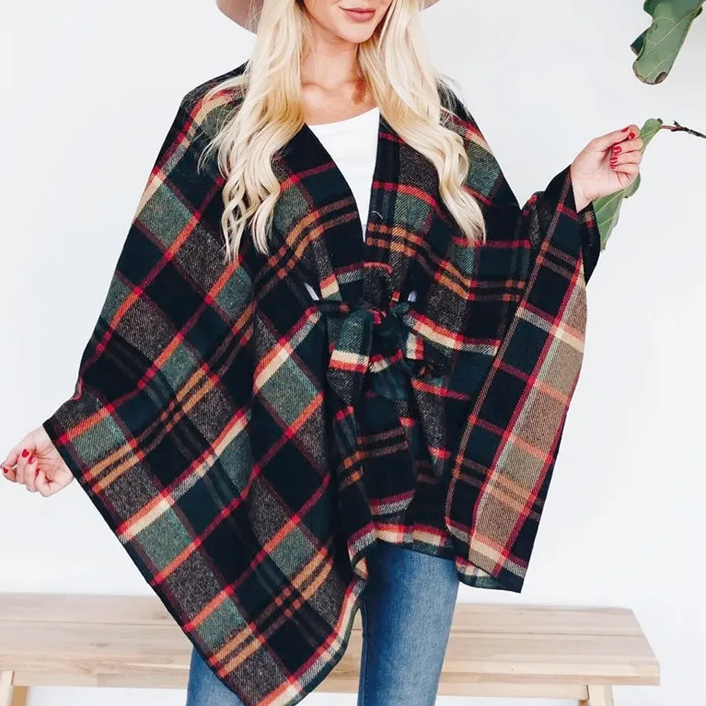Куртка женская Асимметричная с поясом модный бандажный клетчатый кардиган