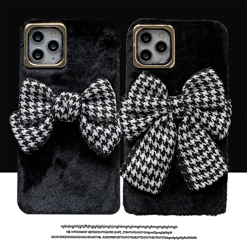 

Signalshin Puppytooth Bow Plush Phone Case For Xiaomi 9 10 11Pro 10Lite 10S 10T 11Ultra Redmi Note 7 8 K20 K30 K40Pro Soft Cover