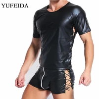 yufeida mens clothes set mens undershirts pu leather t shirts shorts sexy fitness slim tops men underwear stage dance clubwear