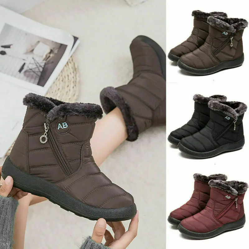 

Womens Waterproof Fur Lined Snow Ankle Boots Ladies Winter Warm Flat Shoes Size