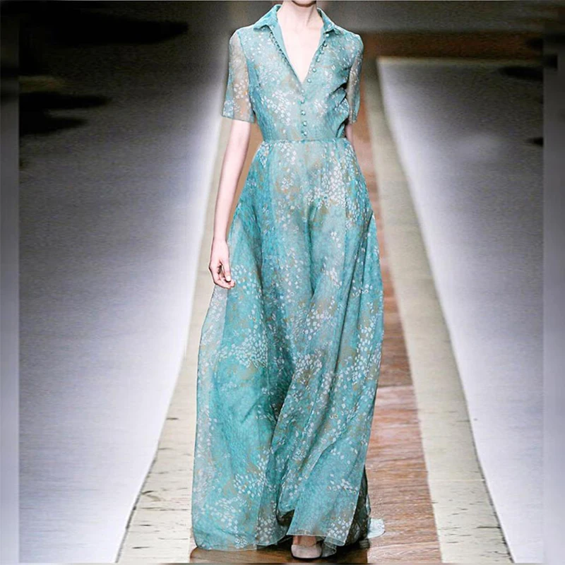 

2021 Summer Fashion Long Dresses Women Light blue Printed High Quality Elegant A-line Short Sleeve Runway Dress