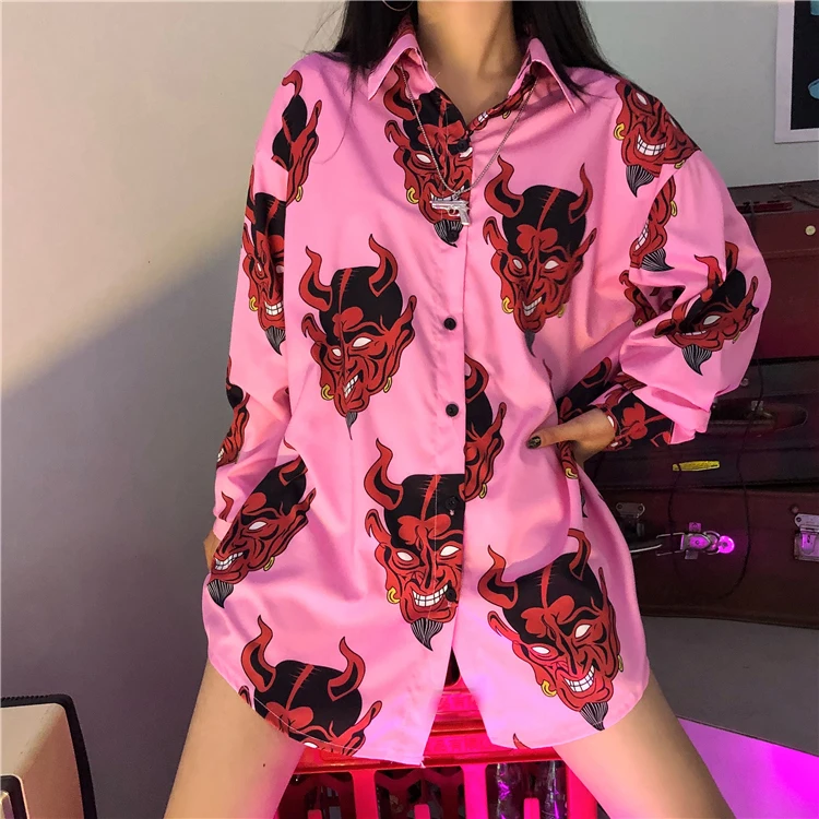 LanT C mogui fen Harajuku рубашка blusas Женская ulzzang с длинным рукавом женская блузка srping Осень Свободный дьявол в готическом стиле с принтом Блузки корейские женские топы - Цвет: LanT C mogui fen