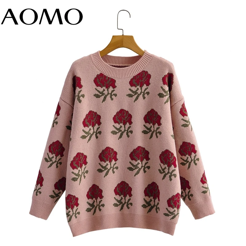 

AOMO Women 2021 Fashion Rose Knitted Sweater Jumper Female Elegant Oversize Pullovers 1F396A