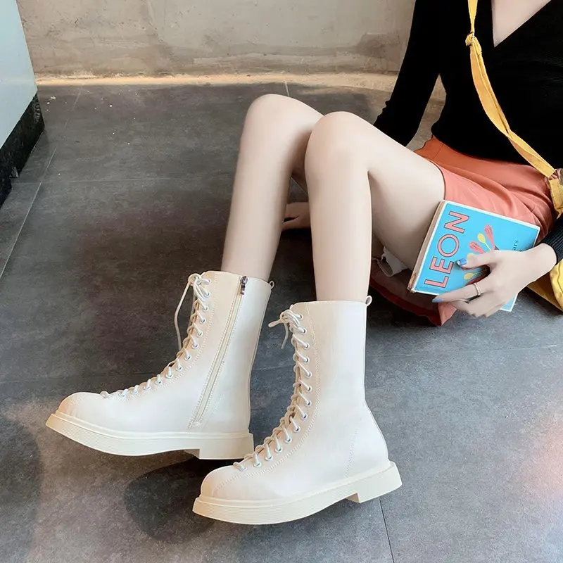 

Chunky Platform Pu Leather Knee High Boots Women Martins boots Punk Height Increasing long boots Woman Lace Up Booties Mujer