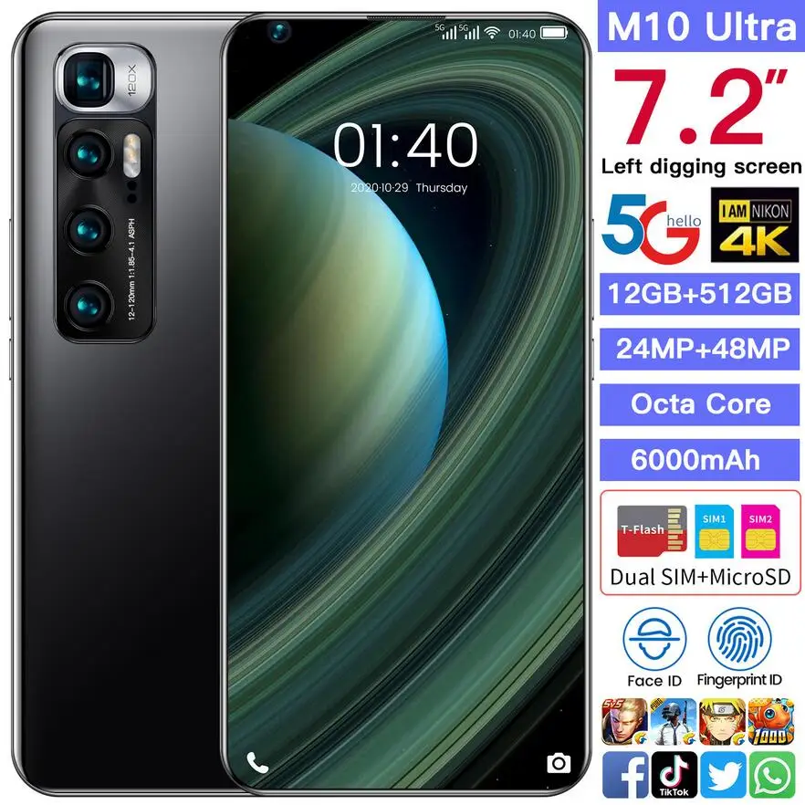 

M10 Ultra 512GB Finger ID Face ID Mobile Phone Full Screen 6.8Inch 6000mAh Octa Core Smart Phone Dual SIM Cell Phone Andriod 10