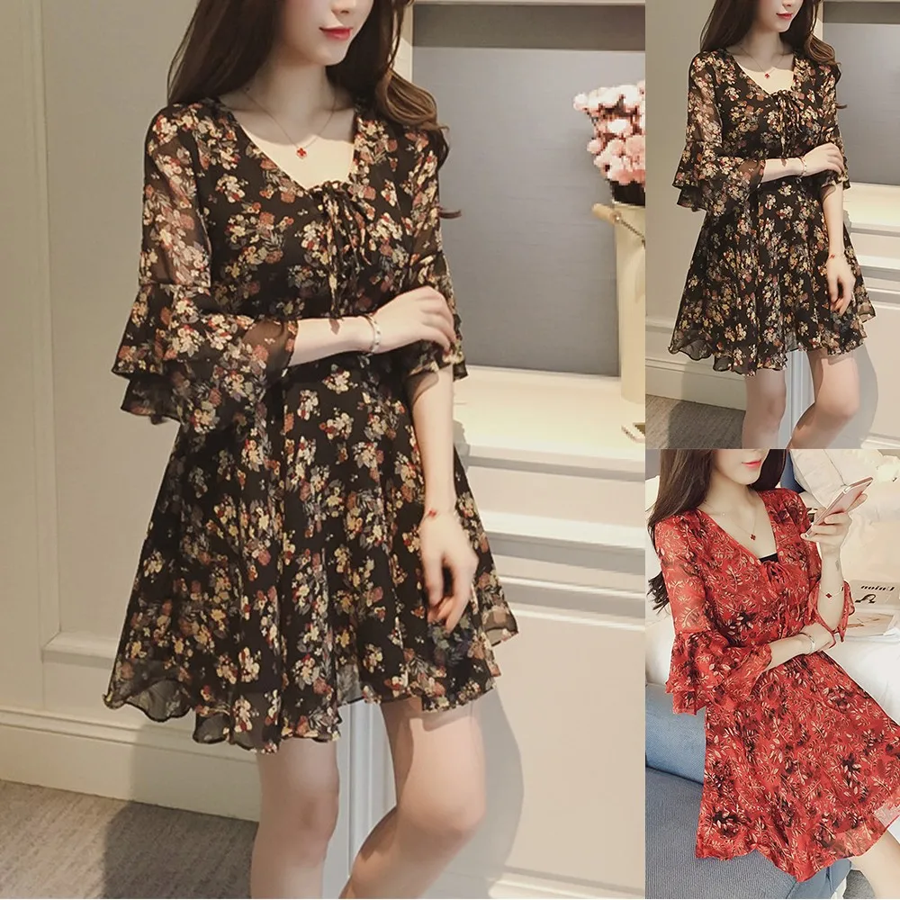

Women Long Sleeve Printed Dress Casual High Waist Floral Chiffon Autumn Winter Ladies Elegant Party Dress Casual V-neck Dress