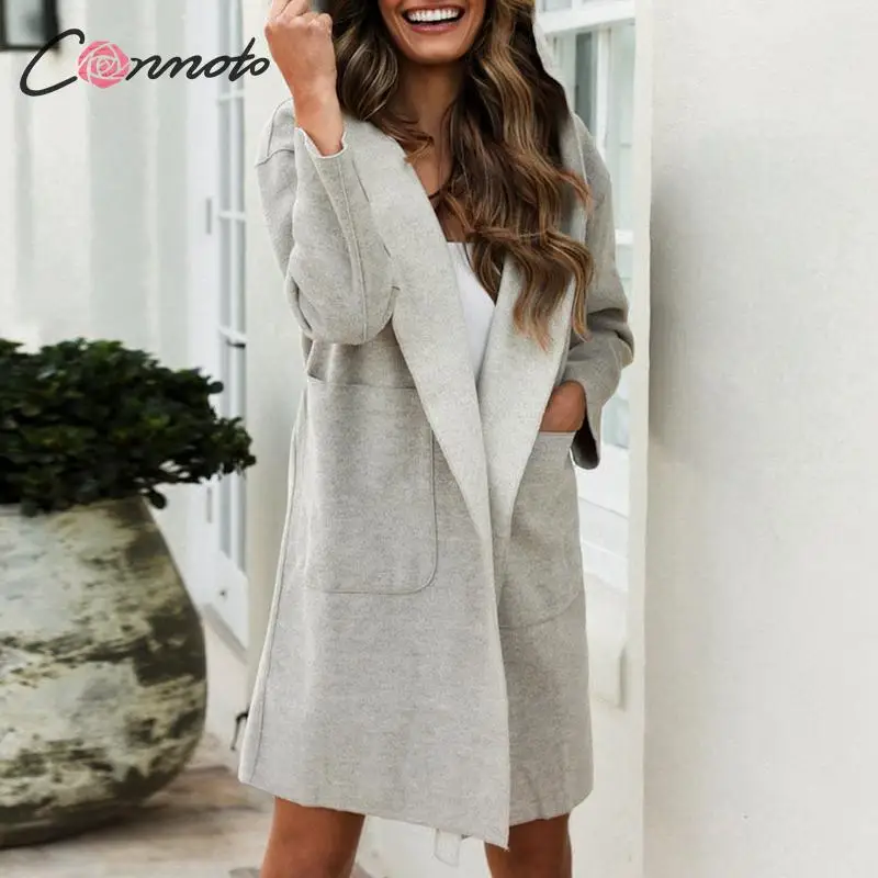 Conmoto pockets winter hood women blends coat fall solid mid blend coats gray casual ladies high fashion jacket | Женская одежда