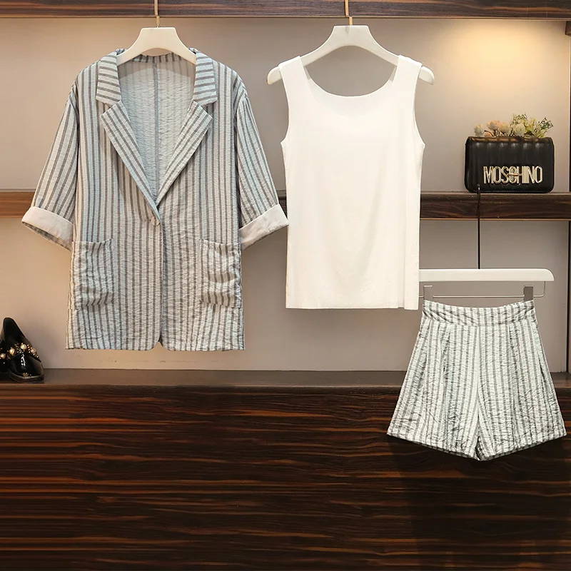 Летний полосатый комплект из трех предметов женский жилет размера плюс + куртка