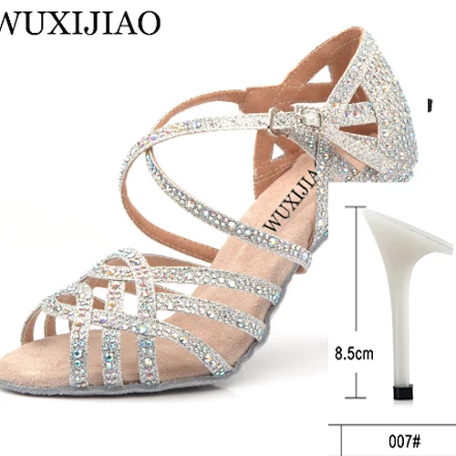 Silver heel 8.5cm WUXIJIAO/серебристые и Синие стразы; обувь для латинских танцев; женская Обувь для бальных танцев; обувь для вальса на высоком каблуке 9 см; Лидер продаж - Цвет: Silver heel 8.5cm