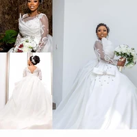 african white long sleeve ball gown wedding dresses vintage lace appliqued pearl beaded court train plus size bridal gowns