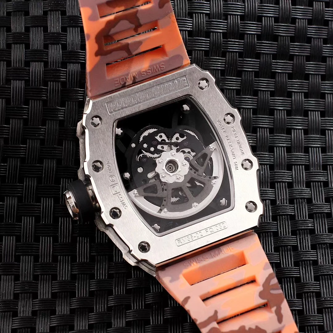 

Classic New Men Blue Grey Camouflage Rubber Silver Watch Sapphire Automatic Mechanical Stainless Steel Calendar Skeleton