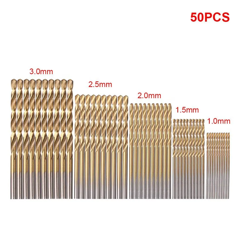 

50Pcs Titanium Coated Drill Bit Set HSS High Speed Steel Drill Bits Set Too Hand Tools Set 1/1.5/2/2.5/3mm Mini Twist Drill Set