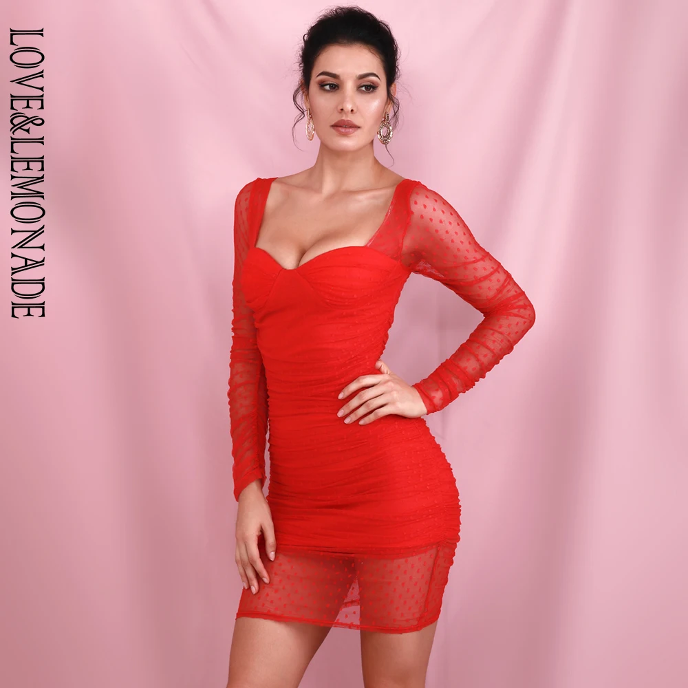 Женское вечернее мини платье LOVE & LEMONADE Красное Облегающее в горошек с квадратным