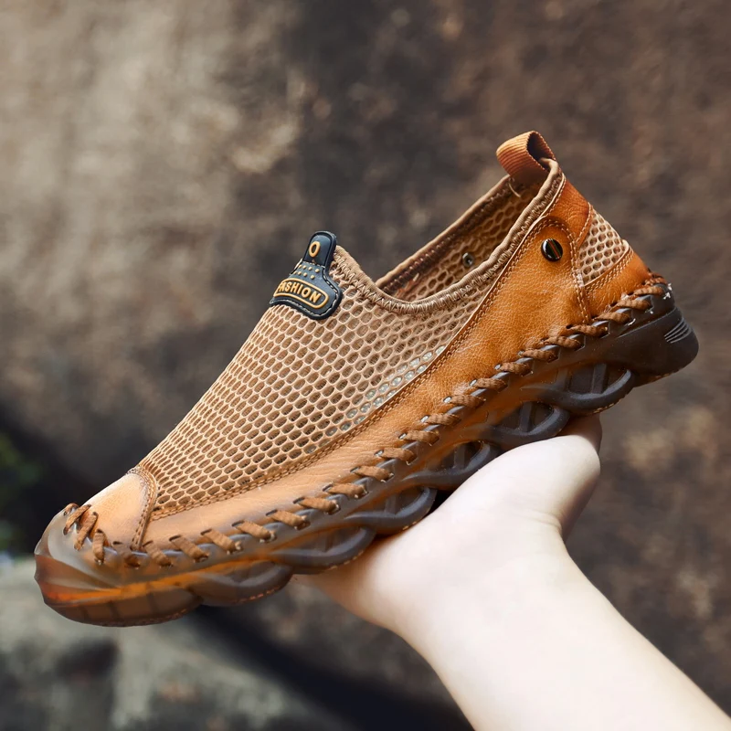 

Men's Mesh Hiking Sandals Closed Toe Sports Sandals Summer Fisherman Beach Shoes Outdoor Slip on Breathable Handmade Slippers