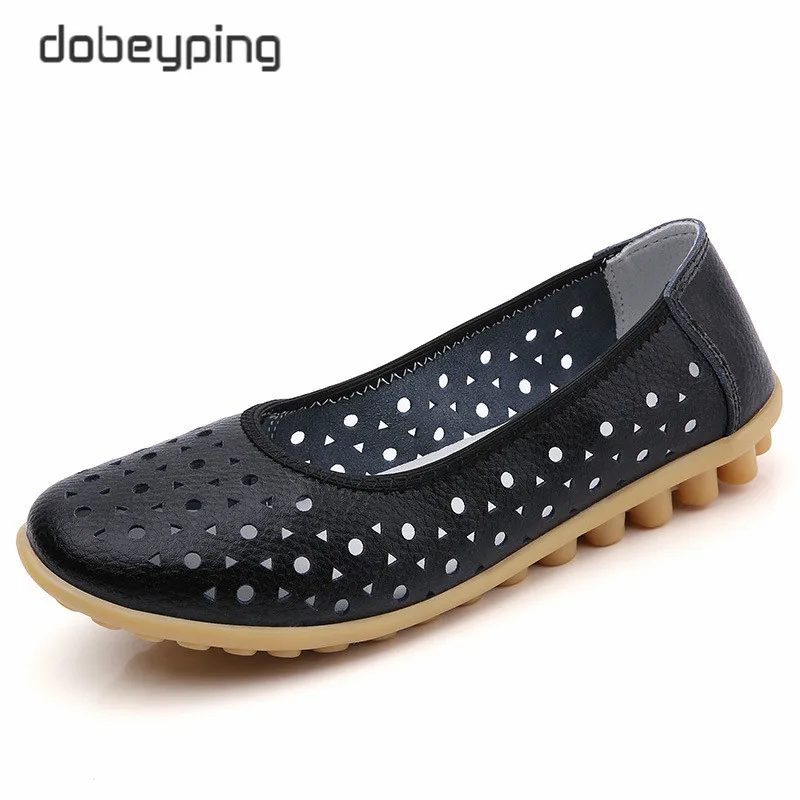 dobeyping Breathable Women Summer Flats Genuine Leather Woman Shoes Slip On Cut Outs Women's Loafers Mother Walking Peas Shoe