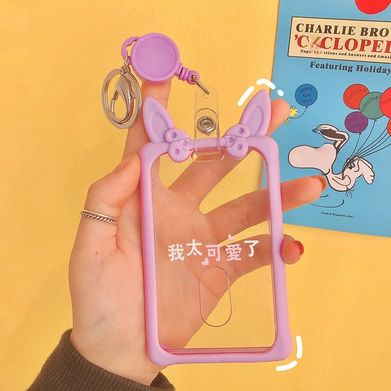 Cute Ear Transparent Retractable Card Holder Silicone Case Girl Student Clear ID Pass Cover Keychain Women Badge | Багаж и сумки