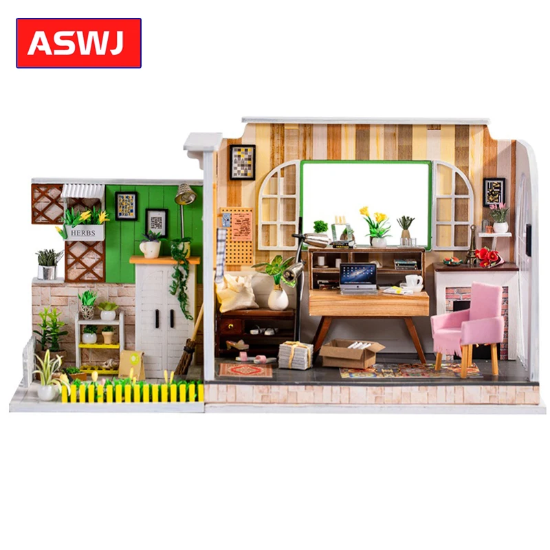 DIY Рабочая комната с мебелью Дети миниатюрный деревянный кукольный дом модель