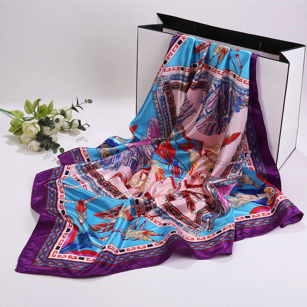 Шелковые шарфы для женщин с принтом перьев атласные хиджаб квадратной головкой