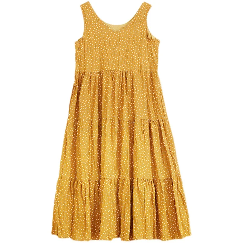 

2021 Plus Size Summer Dress Sundress Pleated Fashion Women Vestidos Beach Lady Long Dress Casual Sleeveless Dot Yellow
