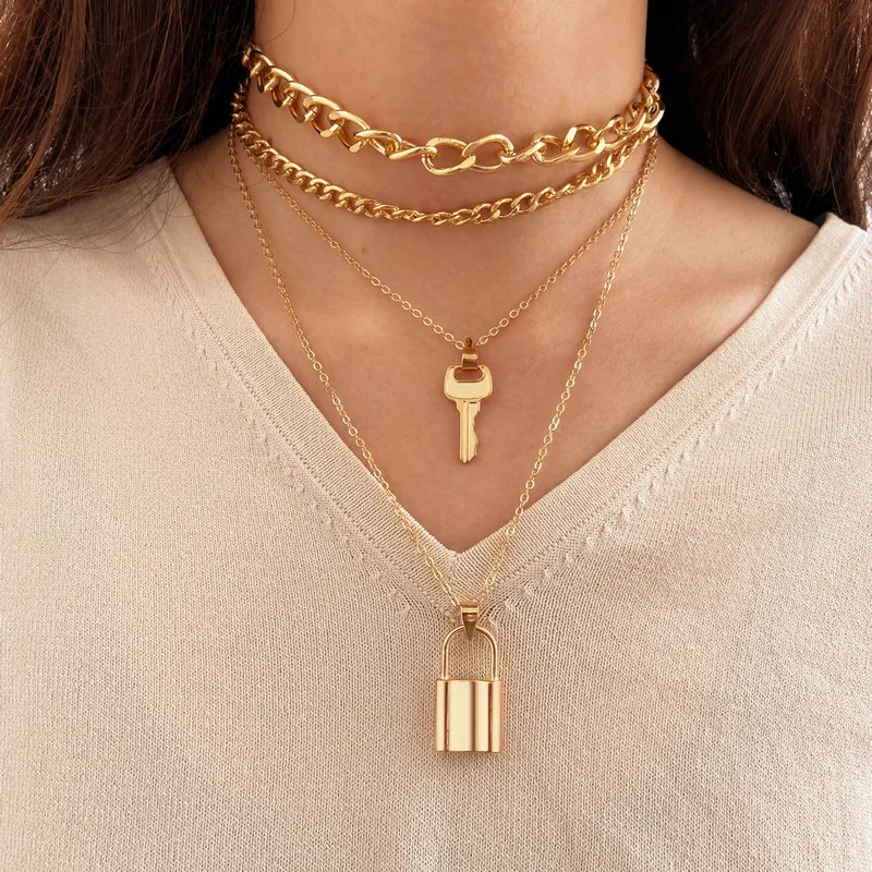 

Punk Layered Key Lock Choker Gold Necklace For Women Men Ketting Cuban Link Chain Gothic Necklace Woman Jewelry Colier Hommes