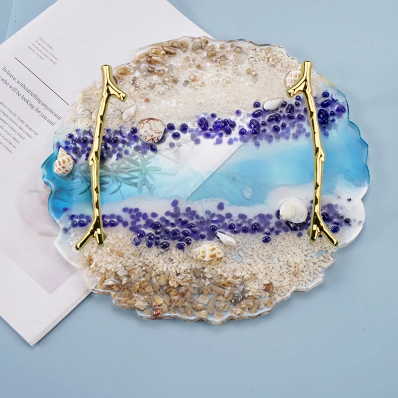 

Irregular Round Silicone Resin Tray Mold with 2 Pcs Gold Handles Agate Tray Mold KX4C