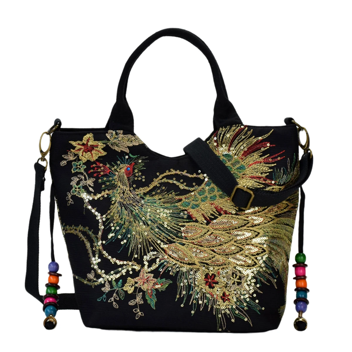 

Women Wild Fashion Tassels Large Capacity Portable Bag Embroidery Peacock Pattern Crossbody Bag with Handle Removable Strap