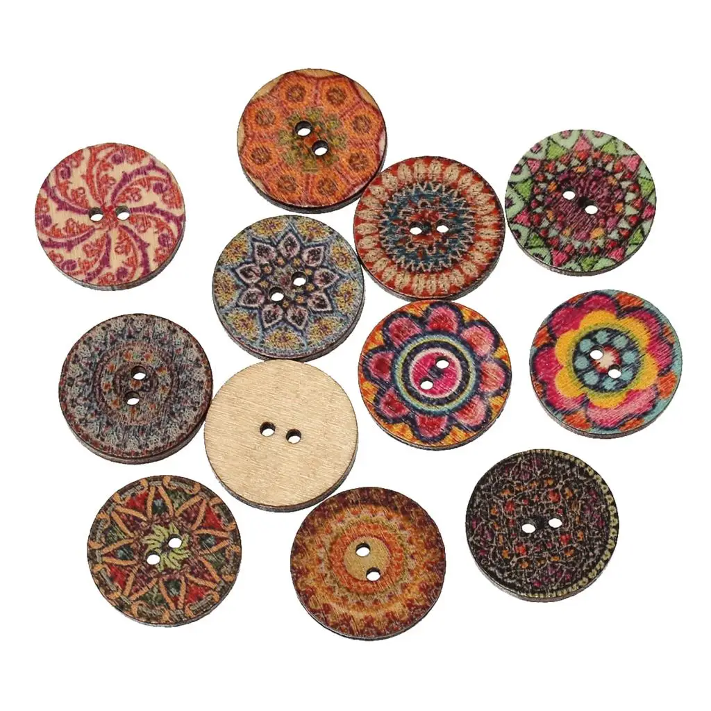 

100PCs Wood Sewing Button Scrapbooking Garment DIY Accessories Decorations Round At Random Pattern 2 Holes Buttons 20mm Dia.