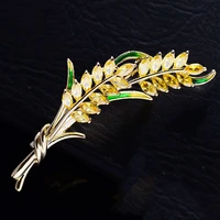 okily elegant yellow zirconia wheat broochpins for women clothes corsage pins enamel green leaf brooches fashion jewelry