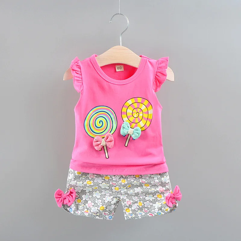 Летняя одежда для маленьких девочек 2 шт. Детские комплекты футболка с леденцом