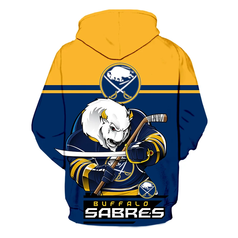 

Buffalo Men's Fashion 3D Hoodie Yellow Navy Stitching White Cartoon Cow Print Sabres Cool Outdoor Sweatshirt