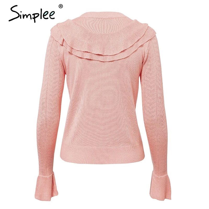 Женский вязаный свитер Simplee с рюшами полый облегающий пуловер круглым вырезом