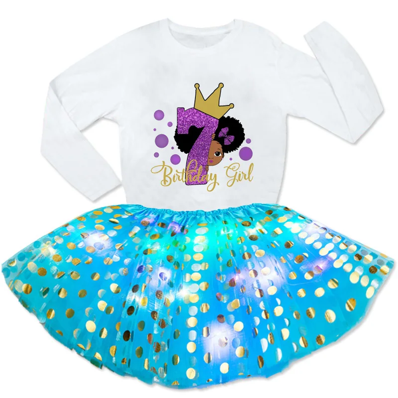 

2021 Girls Dress Sets Kids Black African Curly Hair Girl Short Sleeve Printed T-shirt+Luminous Skirt Design Your Name and Number