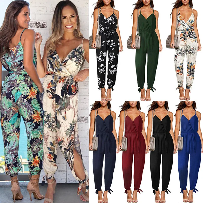 

2021 spring and summer sexy open back tethered deep V-neck suspender long jumpsuit woman pants