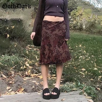 goth dark fairygrunge floral printing midi skirts for women vintage brown mesh long skirts low raise ruffle trim slim streetwear