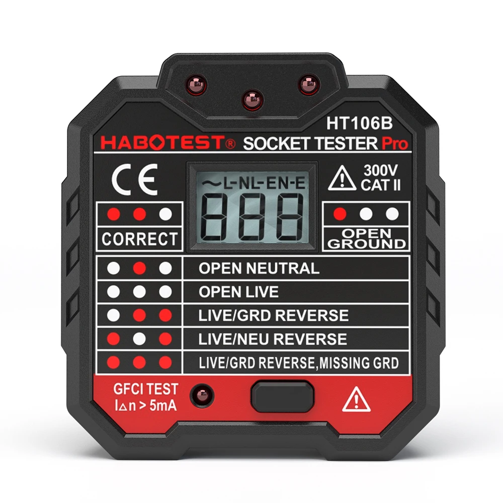 

HABOTEST HT106 EU/US/UK Plug Electric Socket Tester Neutral Earth Wire Circuit Polarity Wall Plug Breaker Electric Leakage Test