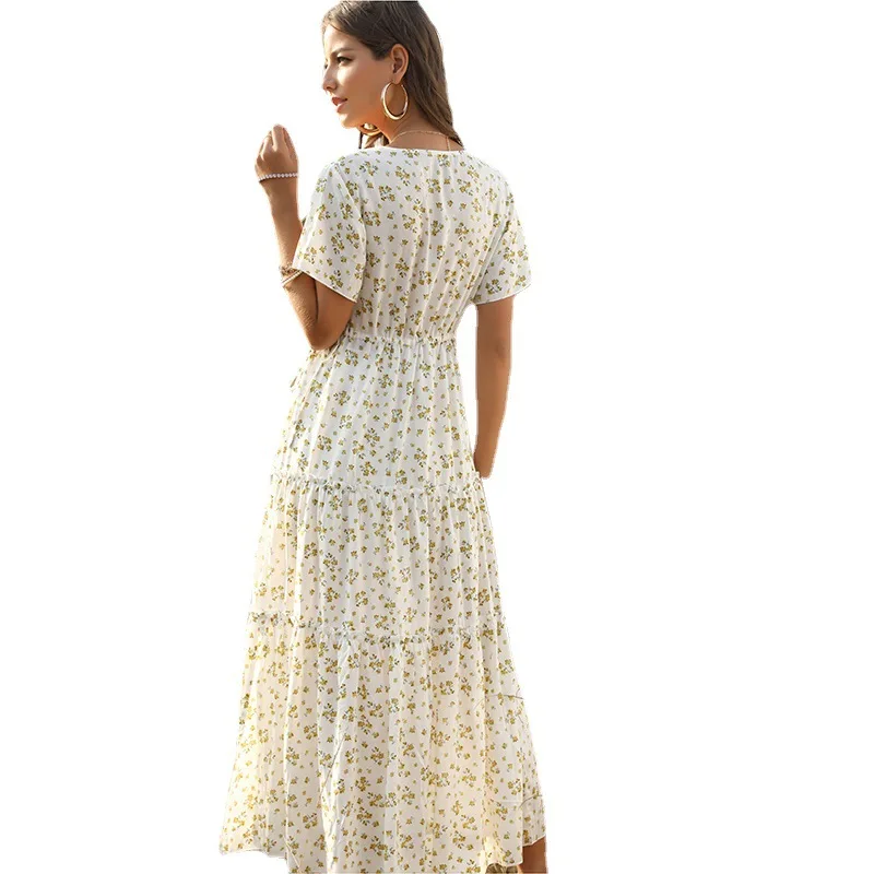 

Fashion New Sexy Short Sleeve Dress Casual V Neck Chiffon A Line Women Summer Dress Vintage Party Midi Casual Sexy Dress Women