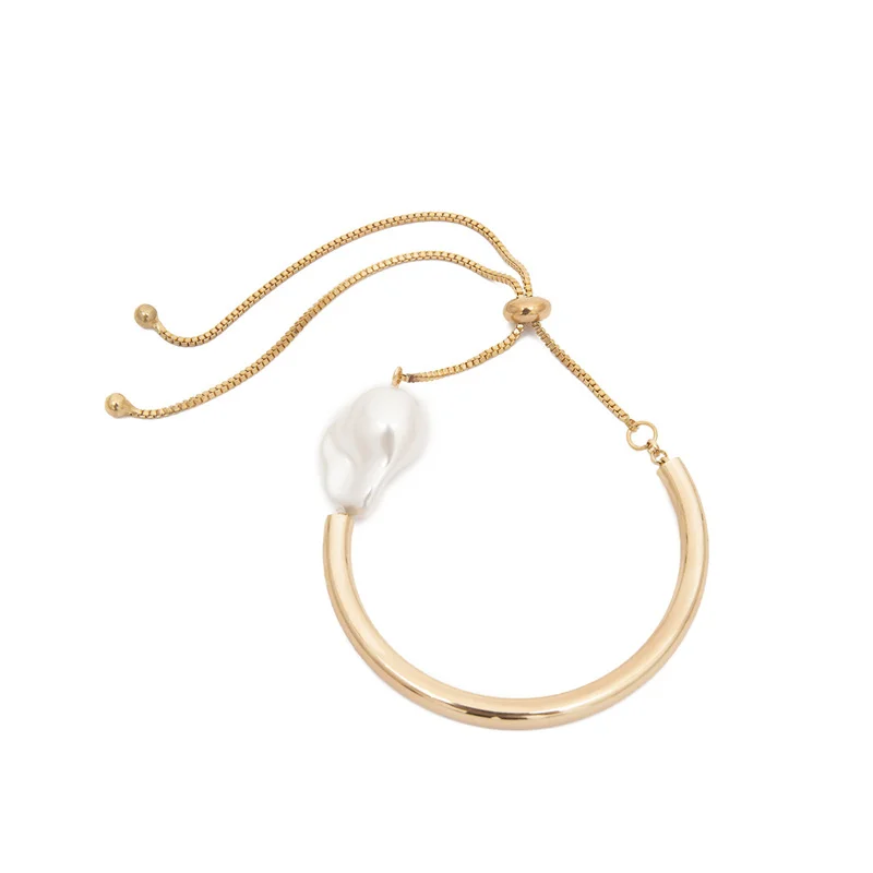 

Adjustable Baroque Imitation Pearl Mirror Round Tube Bracelet for Women Retro Link Chain Lucky Ball Bangles Jewelry Gift