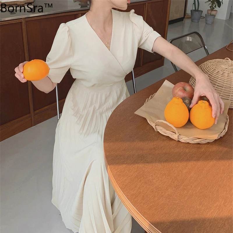 

BornSra Elegant V-neck Puff Sleeve Women Dress Summer Pleated Female Midi Dress 2020 Summer Solid A-line Vestidos femme