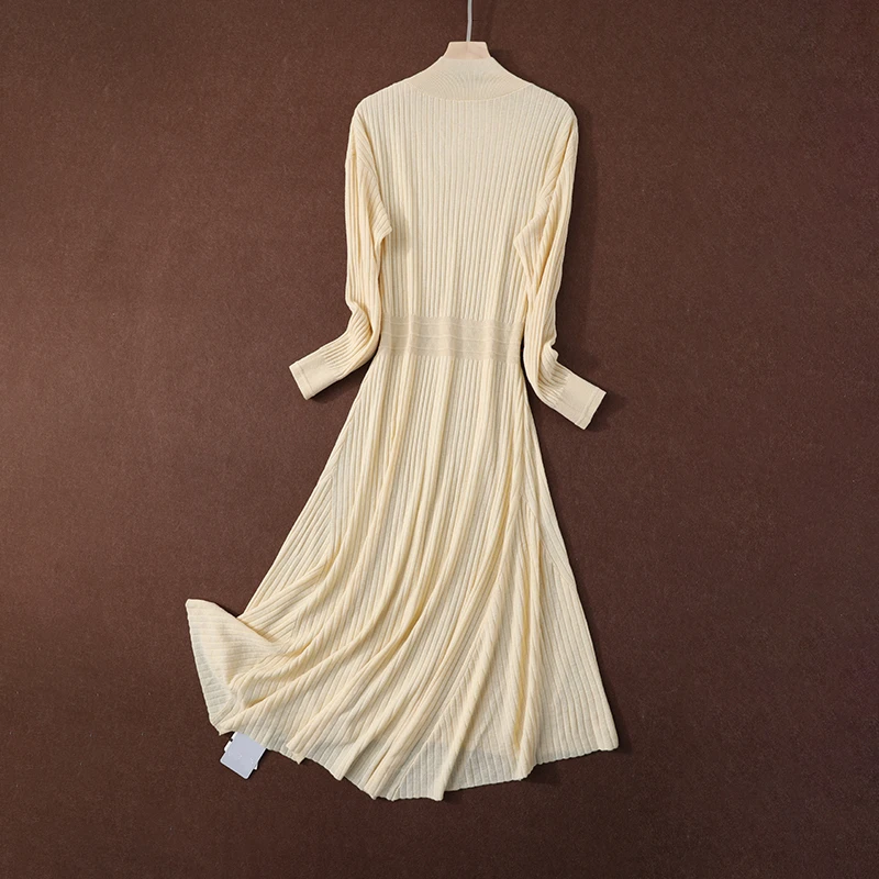 

Women Dresses Pure Cotton Wool Solid Color Half High Collar Knitted Dress Threaded Cuffs Hem Short Front And Long Back