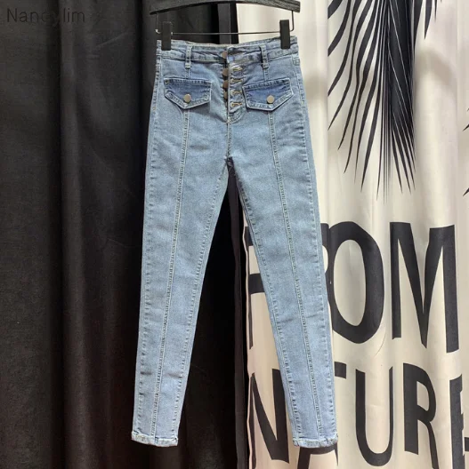 

Однобортные синие джинсовые брюки женские весна-осень 2020 модные облегающие брюки-карандаш джинсы с высокой талией женские брюки
