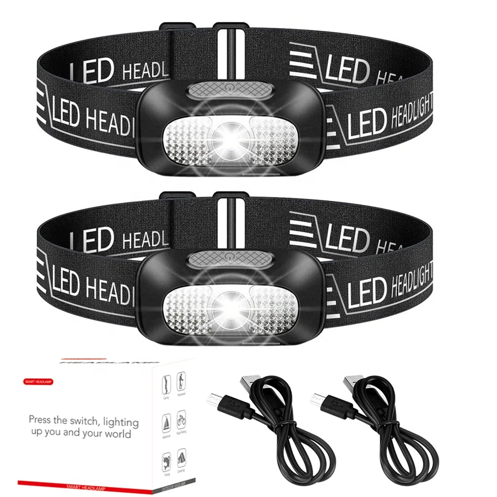 

Mini Rechargeable LED 2 Pack Headlamp Body Motion Sensor Headlight Camping Flashlight Head Light Torch Lamp With USB