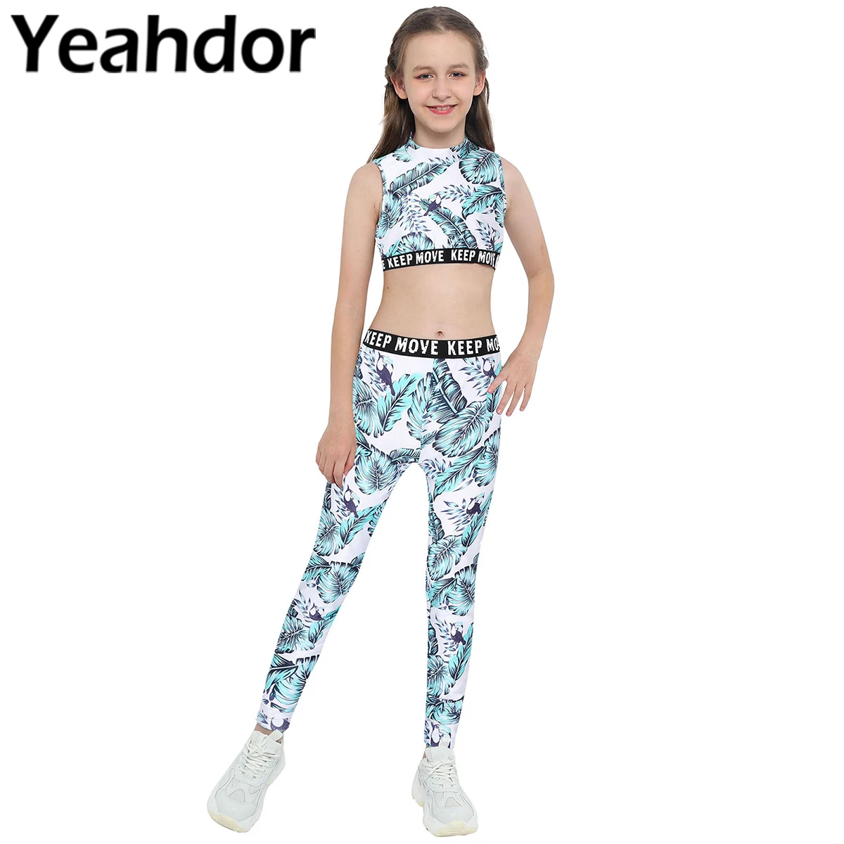 

2021 Kids Girls Sport Suit Dance Set Tropical Print Stand Collar Sleeveless Tank Top High Waist Pants Set for Running Gym Yoga