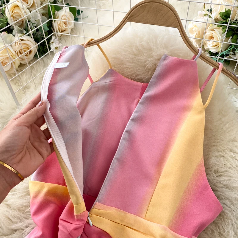 

2021Summer Women Dress Off Shoulders Spaghetti Strap Gradient Color Ladies Dress Sleeveless Slim Pleated Long Swing Slip Dress