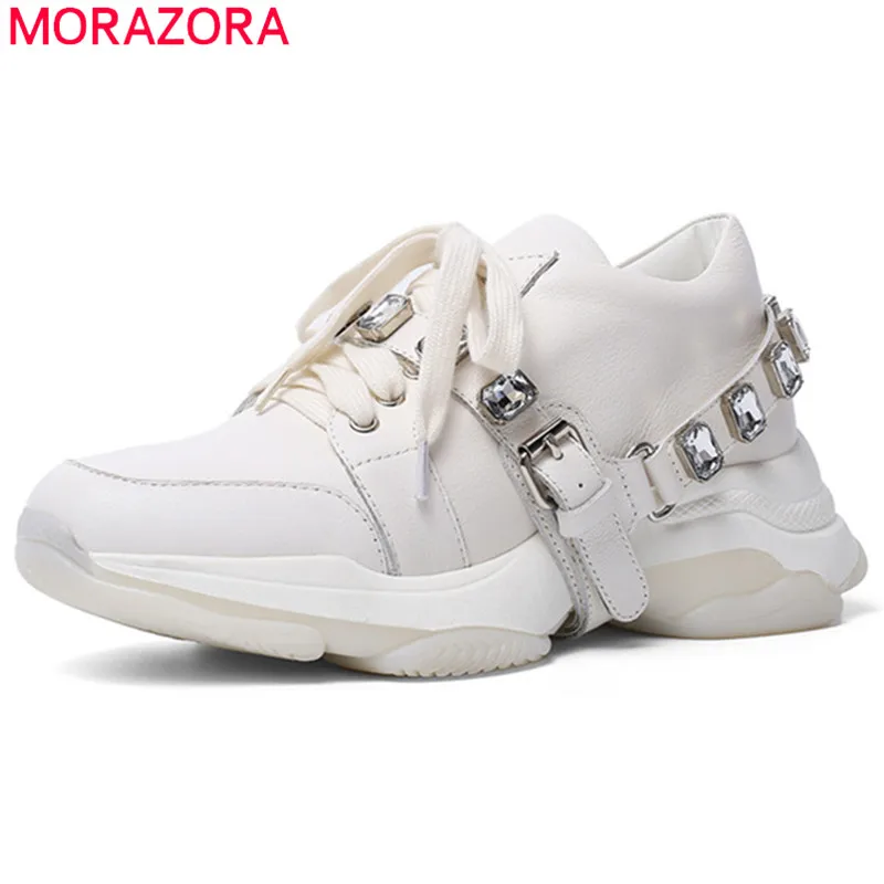 Женские кроссовки на плоской платформе MORAZORA черные из натуральной кожи шнуровке