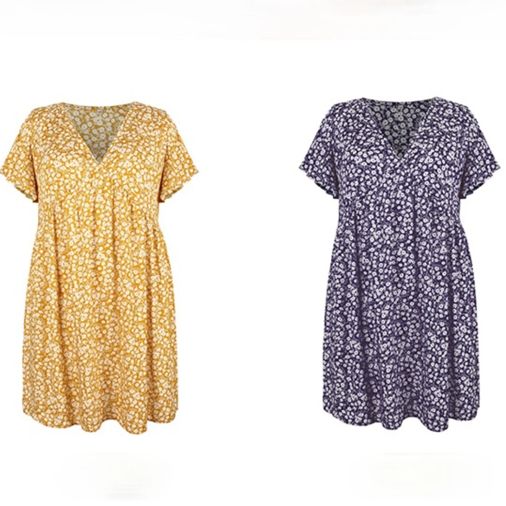 

2021 New Women Short Sleeve V-neck Summer Floral Plus Size Dress Casual Loose Dresses Women's Fashion Clothing Knee-Length Beach