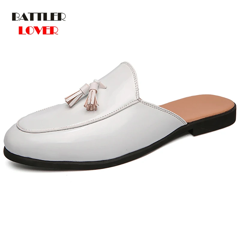 

Black Half Mules Shoes For Men 2021 Patent Leather Casual Slippers Male Fashion Punk Tassels Footwear Homme Autumn Home Shoes