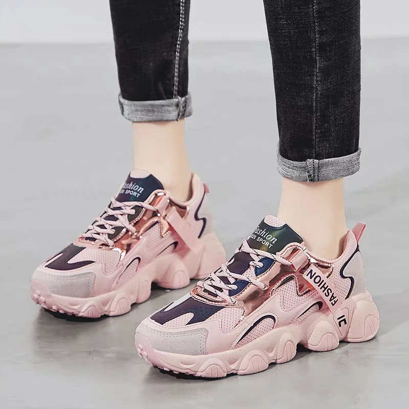 

Spring New Sneakers Women Thick Bottom 2021 Daddy Shoe Thick Bottom Round Toe Breathing Running Leisure Female Vulcanize Shoes
